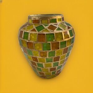 Stained Glass Vase Candleholder Green Yellow Orange Gold 8 X 6" Hand Made
